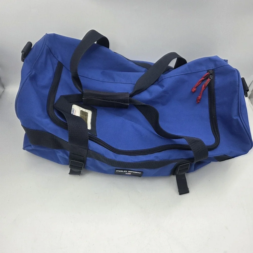 Vintage 90s Polo Sport Ralph Lauren Duffle Bag Blue Black RL Flag Gym Travel